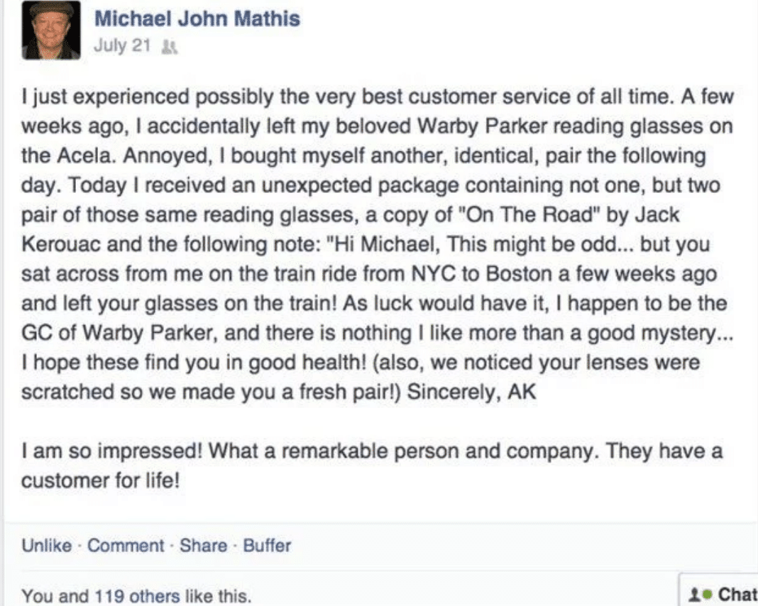 Warby Parker customer service review on Facebook